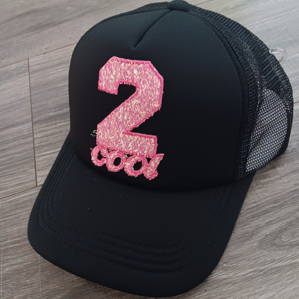 Black Mesh Trucker Hat with Pink Glitter Number